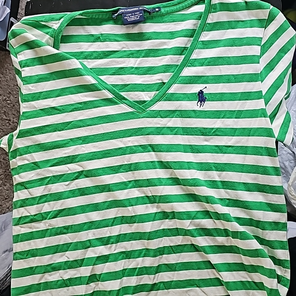 Women V-neck shirt Ralph Lauren Sport medium Green/White stripes